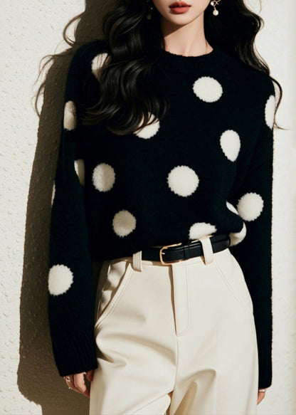 French Black O-neck Dot Print Cozy Cotton Knit Sweater Spring