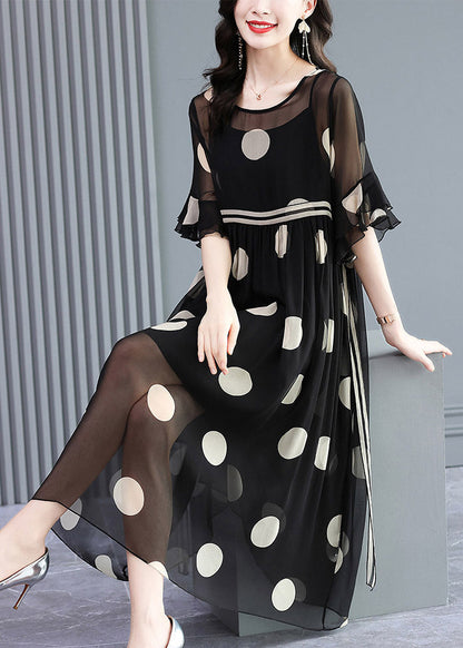 French Black O-neck Dot Print Silk Dress Two Pieces Set Flare Sleeve