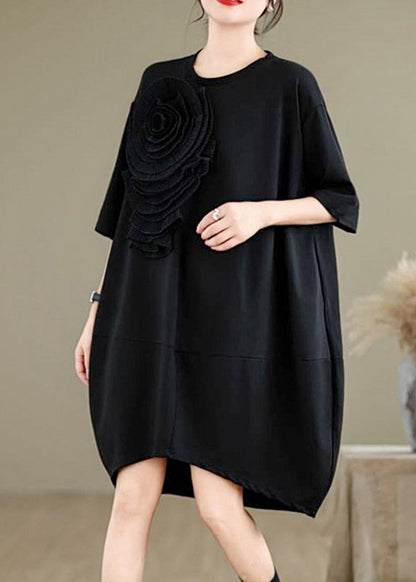 French Black O-neck Wrinkled Long Dresses Summer