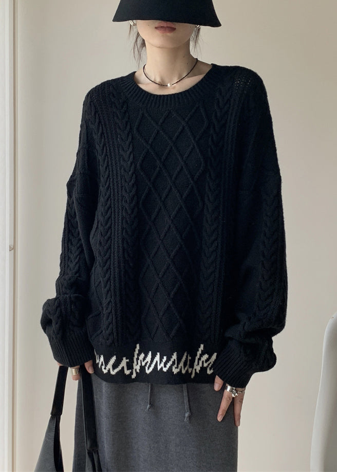 French Black O-neck Letter Cable Knit Sweaters Spring