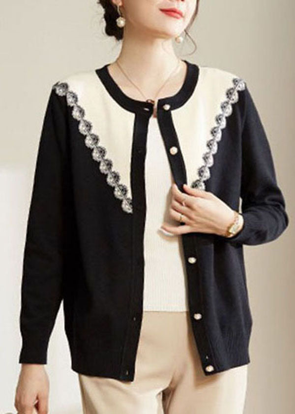 French Black O-neck Patchwork Button Knit Coats Long Sleeve