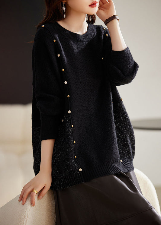 French Black O-neck Patchwork Cozy Cotton Knit Sweater Winter