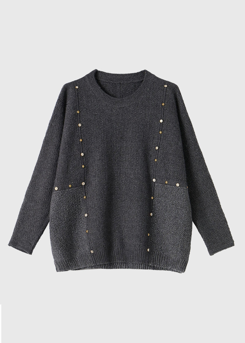 French Black O-neck Patchwork Cozy Cotton Knit Sweater Winter