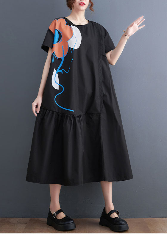French Black O-neck Patchwork Wrinkled Cotton Party Dress Summer
