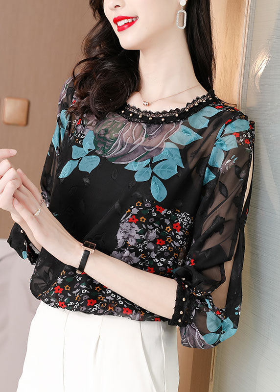 French Black O-neck Print Lace Patchwork Chiffon Two Pieces Summer