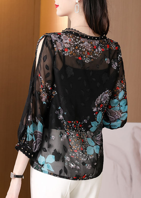 French Black O-neck Print Lace Patchwork Chiffon Two Pieces Summer