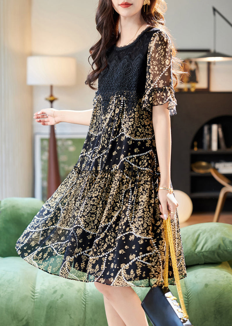 French Black O-neck Print Long Dress Short Sleeve