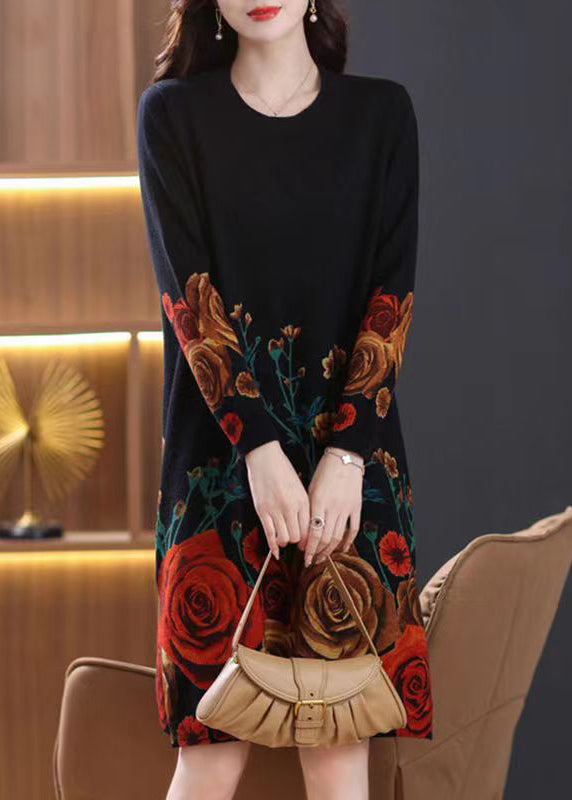 French Black O-neck Print Wool Knit Dresses Spring