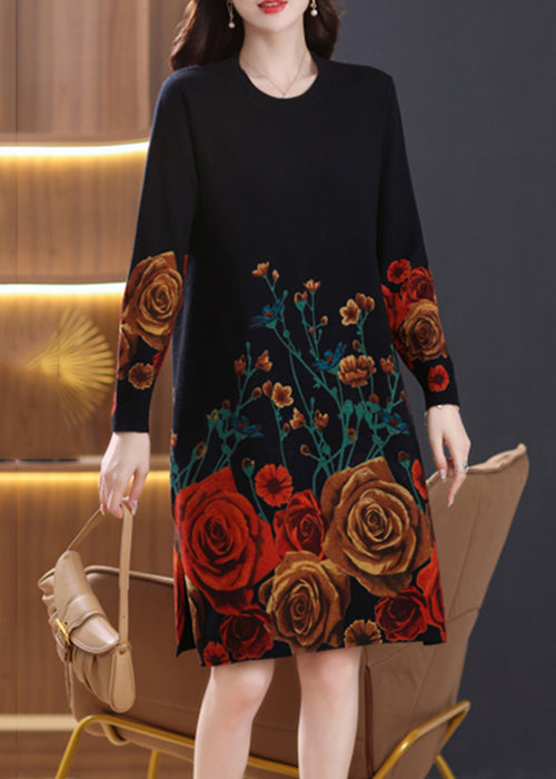 French Black O-neck Print Wool Knit Dresses Spring