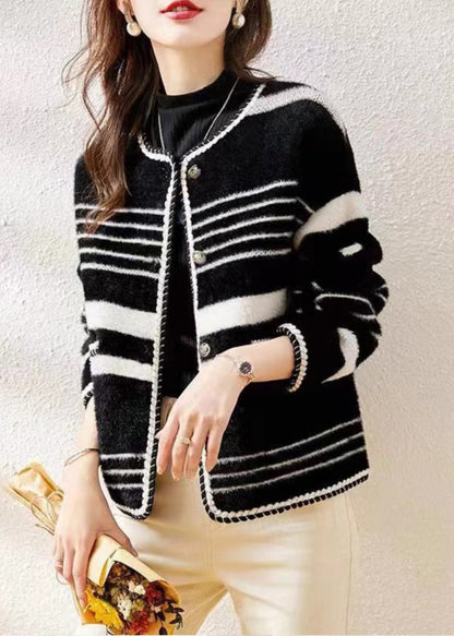 French Black O Neck Striped Mink Hair Knitted Coat Fall