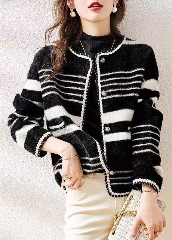 French Black O Neck Striped Mink Hair Knitted Coat Fall