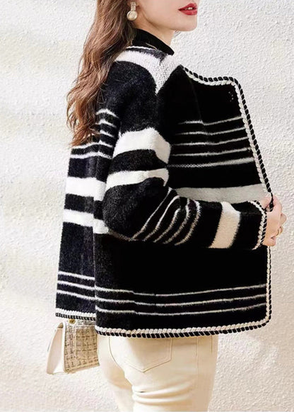 French Black O Neck Striped Mink Hair Knitted Coat Fall
