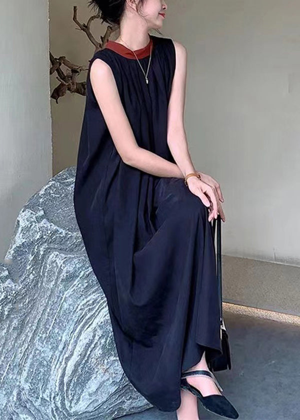 French Black O-neck Wrinkled Cotton Dresses Sleeveless