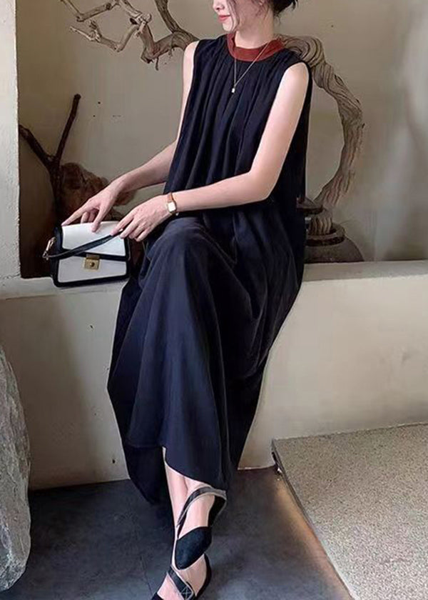 French Black O-neck Wrinkled Cotton Dresses Sleeveless