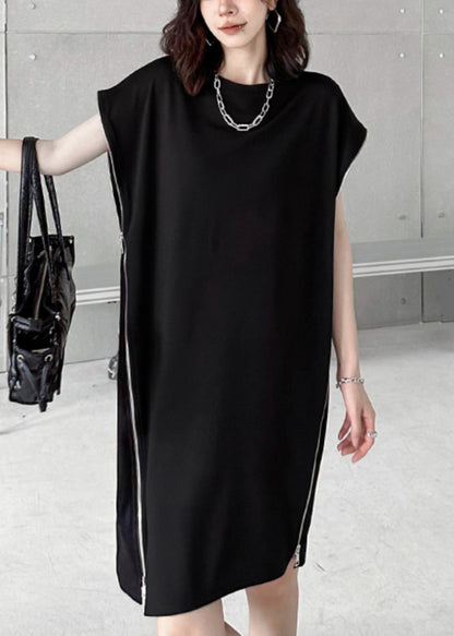 French Black O-neck Zip Up Patchwork Cotton Mid Dress Summer