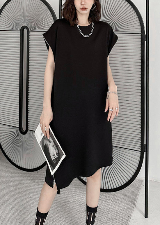 French Black O-neck Zip Up Patchwork Cotton Mid Dress Summer