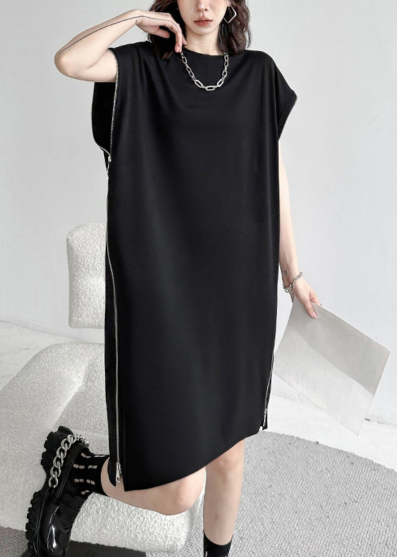 French Black O-neck Zip Up Patchwork Cotton Mid Dress Summer