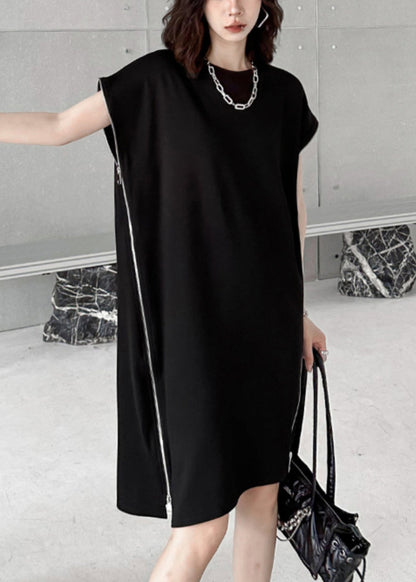French Black O-neck Zip Up Patchwork Cotton Mid Dress Summer