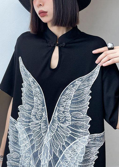 French Black Oriental Appliques Shift Dresses Summer