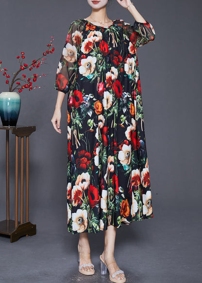 French Black Oversized Print Draping Chiffon Dresses Summer