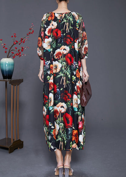 French Black Oversized Print Draping Chiffon Dresses Summer
