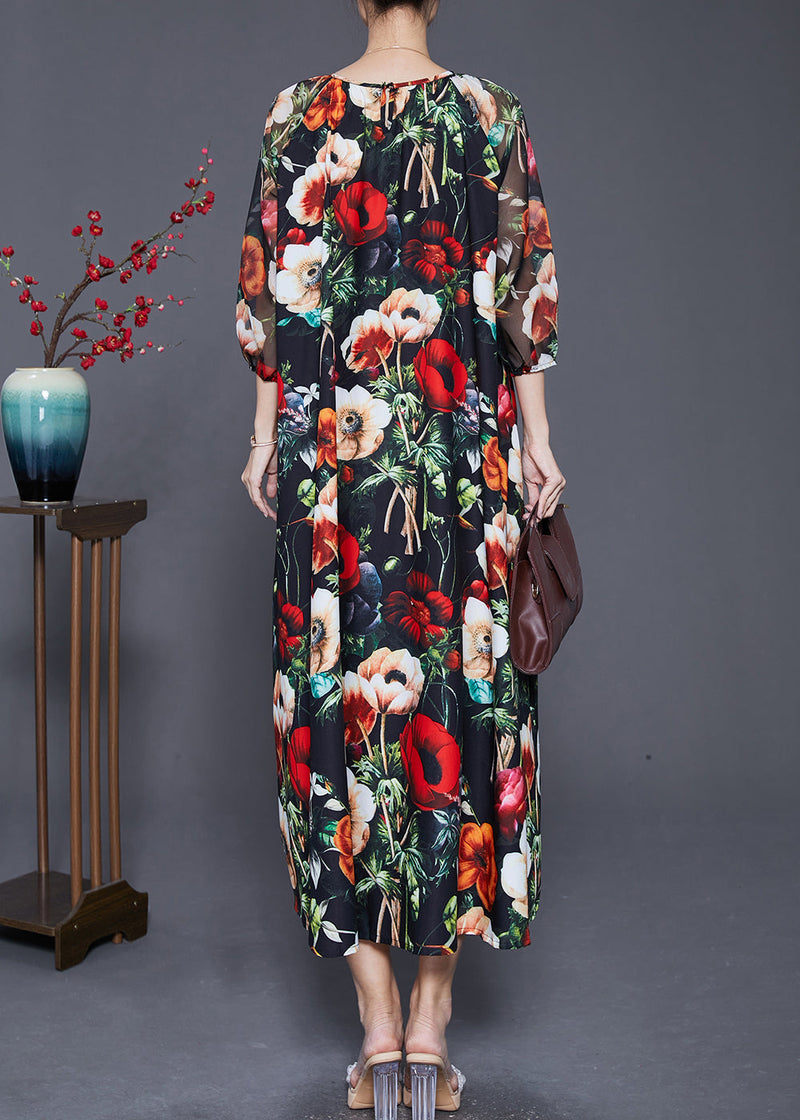 French Black Oversized Print Draping Chiffon Dresses Summer
