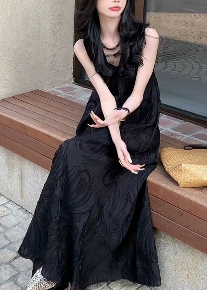 French Black Patchwork Long Dress V Neck Sleeveless