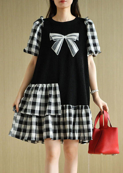 French Black Patchwork Plaid Summer Puff Sleeve Dresses