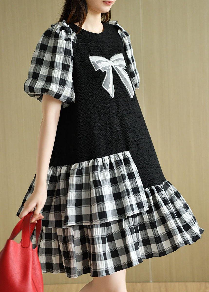 French Black Patchwork Plaid Summer Puff Sleeve Dresses