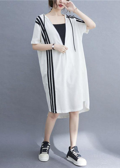French Black Patchwork Striped Low High Design Ankle Dress Summer