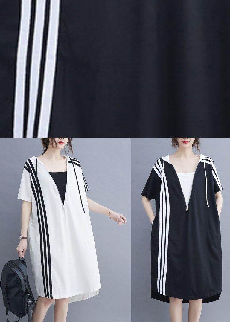 French Black Patchwork Striped Low High Design Ankle Dress Summer