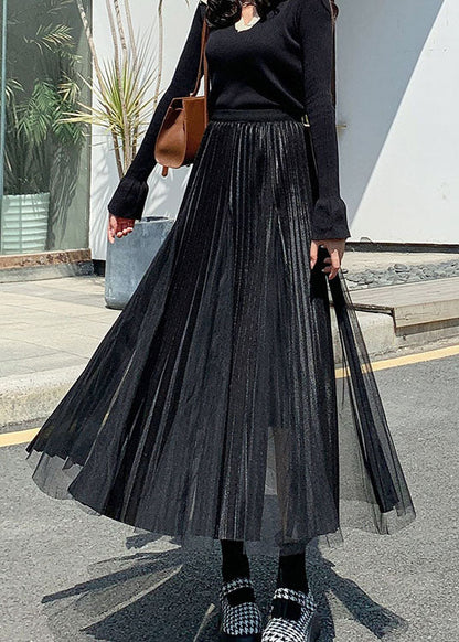 French Black Patchwork Tulle Skirts Spring