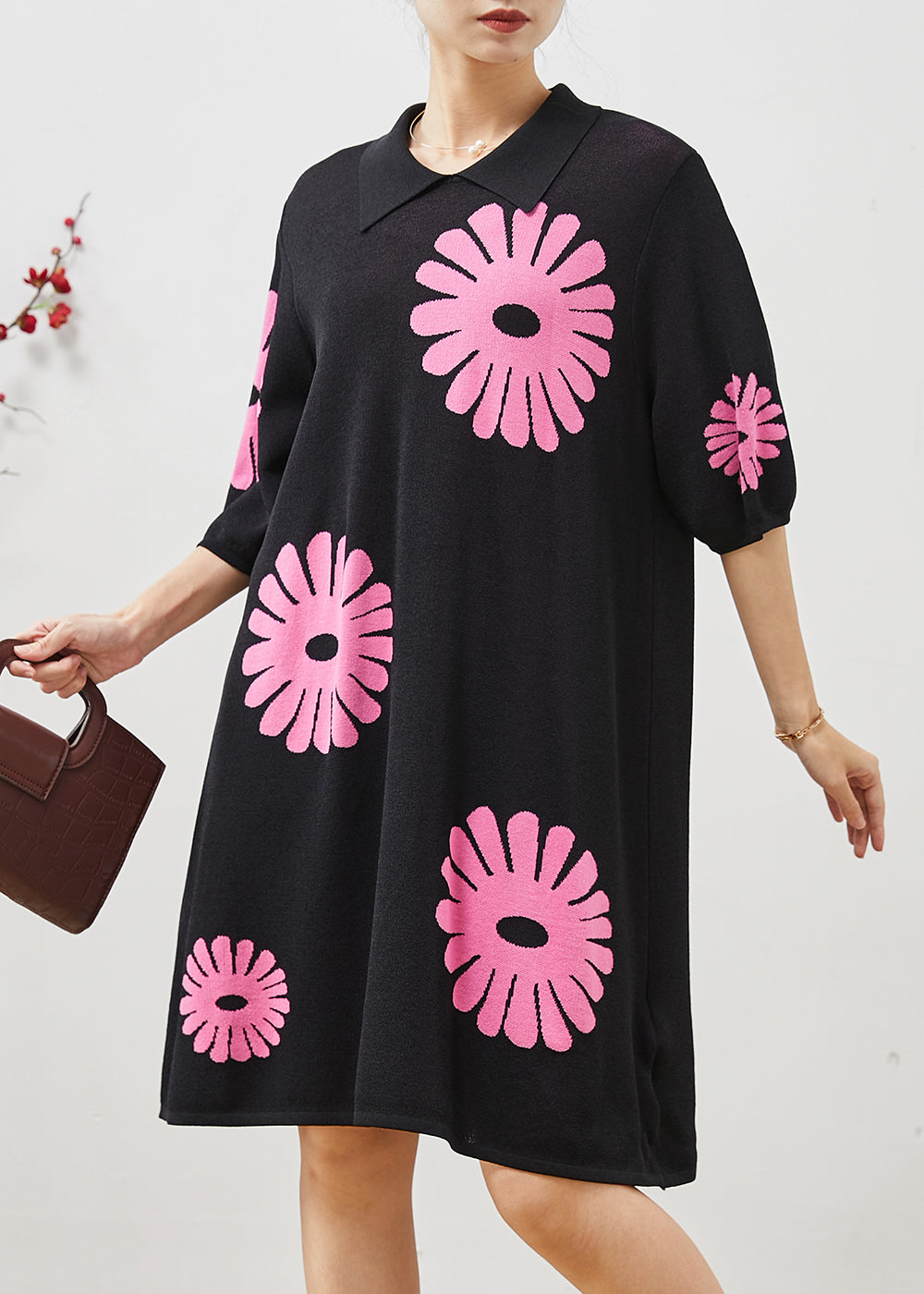 French Black Peter Pan Collar Cotton Mid Dresses Summer
