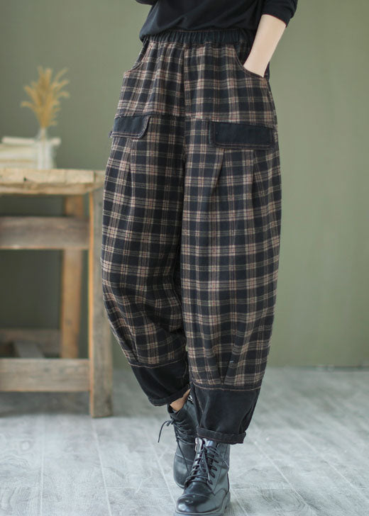 French Black Plaid Patchwork Denim Pants Spring