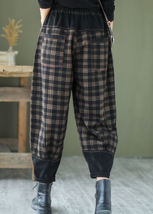 French Black Plaid Patchwork Denim Pants Spring