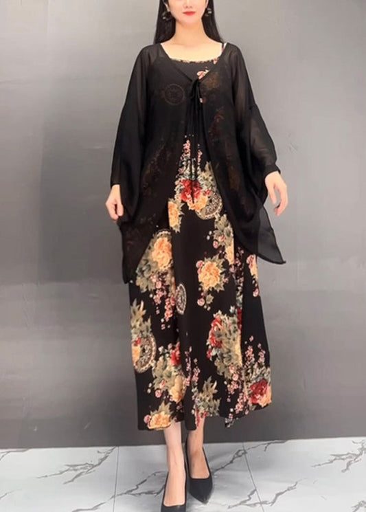 French Black Print Cardigans and Maxi Dress Two Pieces Set Spring