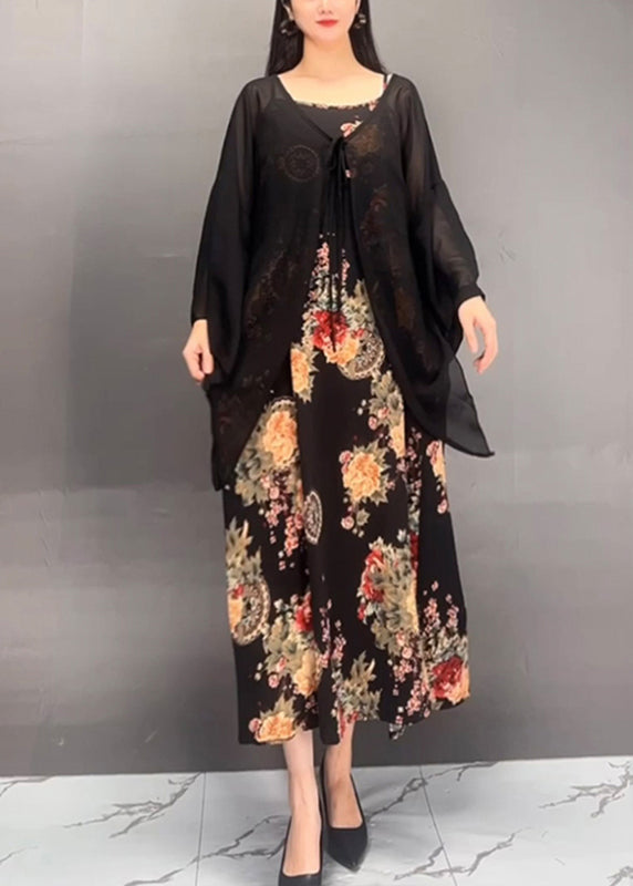 French Black Print Cardigans and Maxi Dress Two Pieces Set Spring