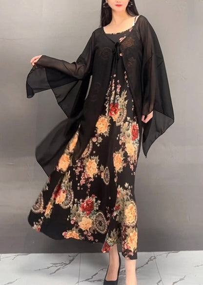 French Black Print Cardigans and Maxi Dress Two Pieces Set Spring