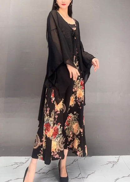 French Black Print Cardigans and Maxi Dress Two Pieces Set Spring
