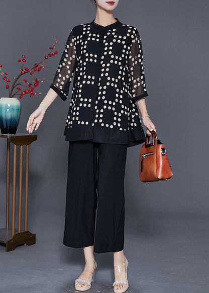 French Black Print Draping Chiffon Two Piece Set Outfits Summer
