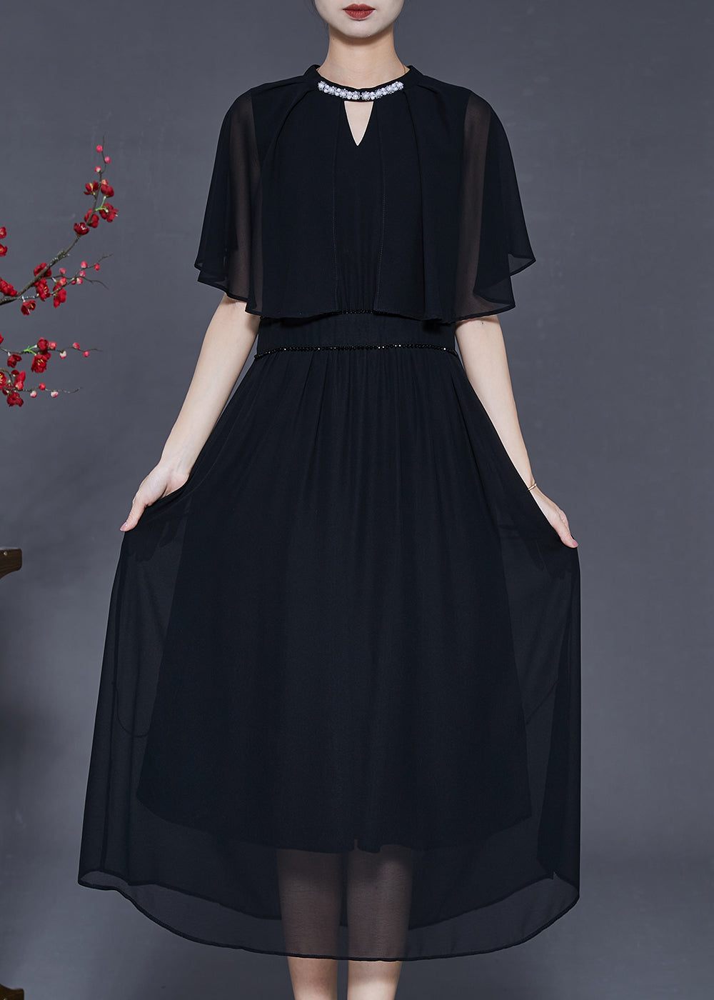 French Black Silm Fit Draping Chiffon Dresses Batwing Sleeve