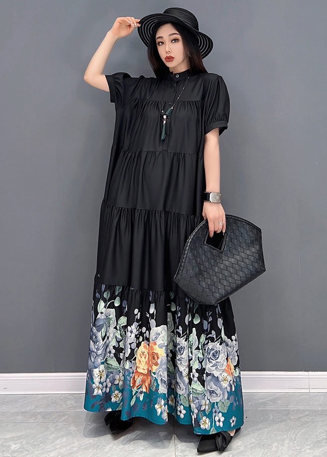 French Black Stand Collar Print Wrinkled Patchwork Cotton Long Dress Short Sleeve