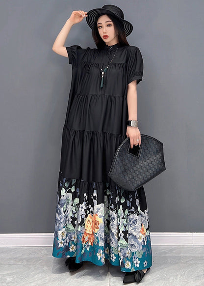 French Black Stand Collar Print Wrinkled Patchwork Cotton Long Dress Short Sleeve