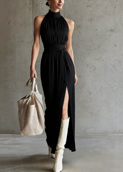 French Black Stand Collar Tunic Maxi Dress Summer
