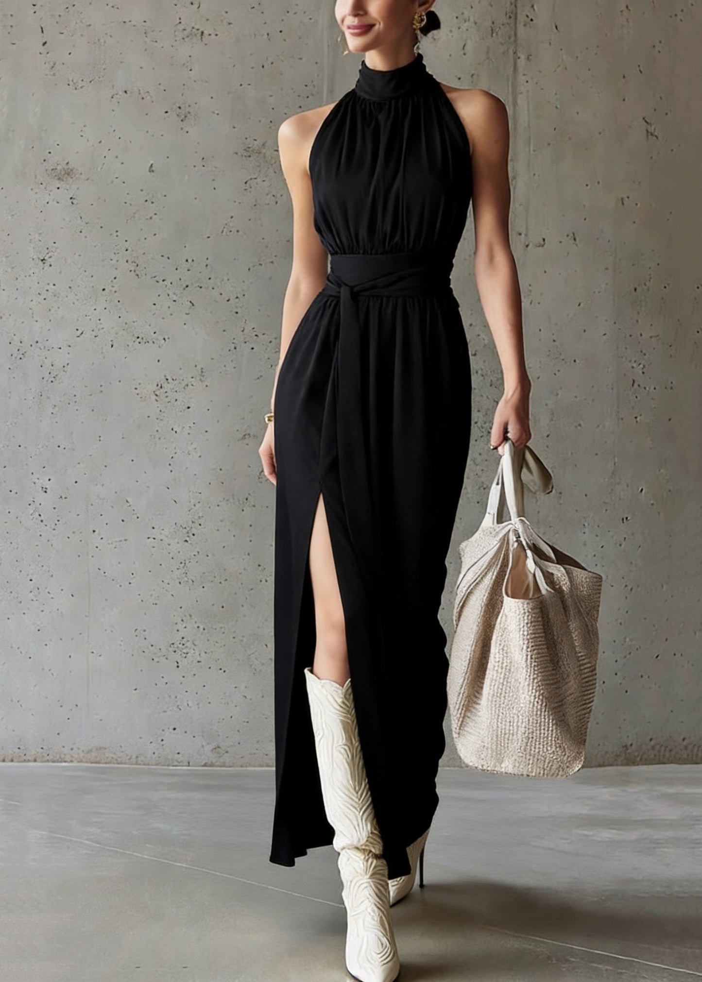 French Black Stand Collar Tunic Maxi Dress Summer