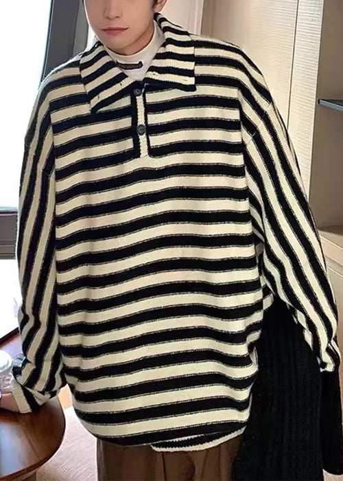 French Black Striped Button Knit Sweaters Winter