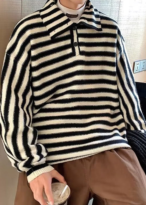 French Black Striped Button Knit Sweaters Winter