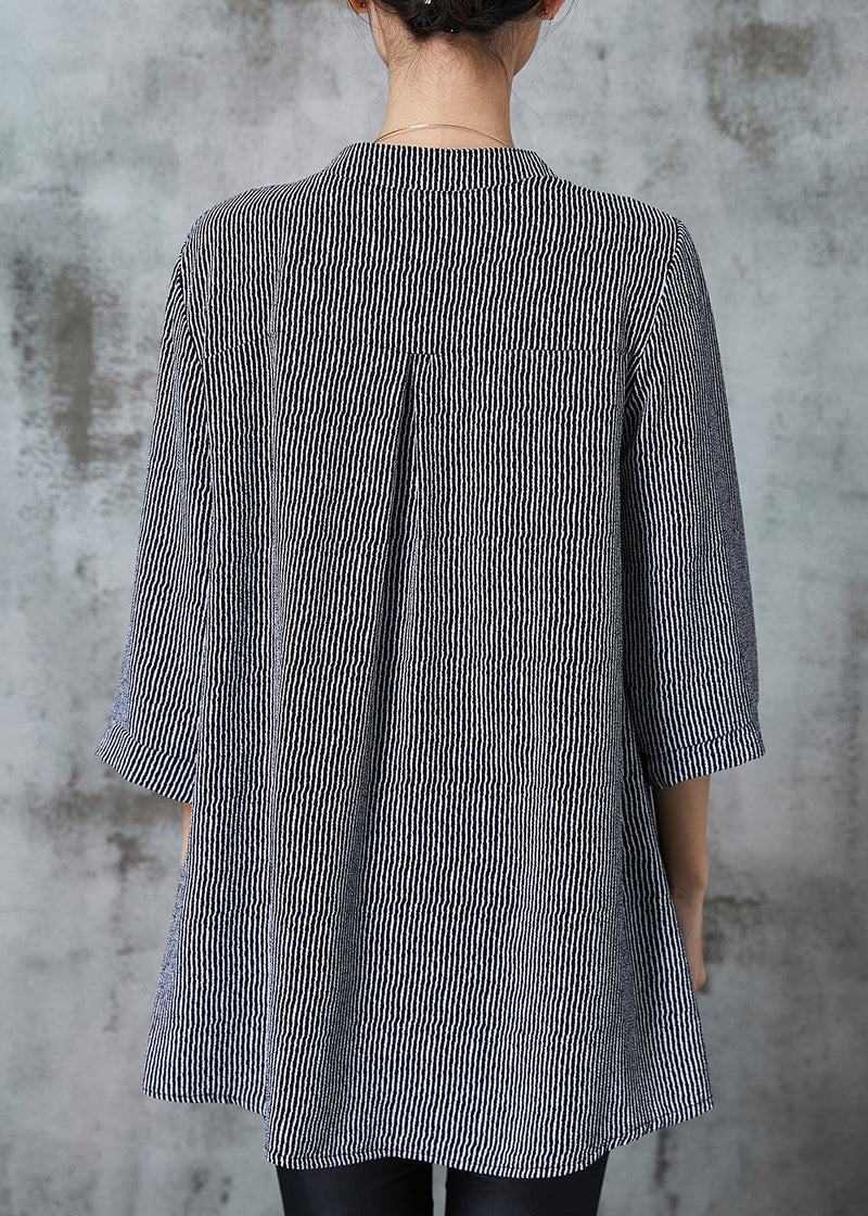 French Black Striped Wrinkled Cotton Shirt Top Half Sleeve