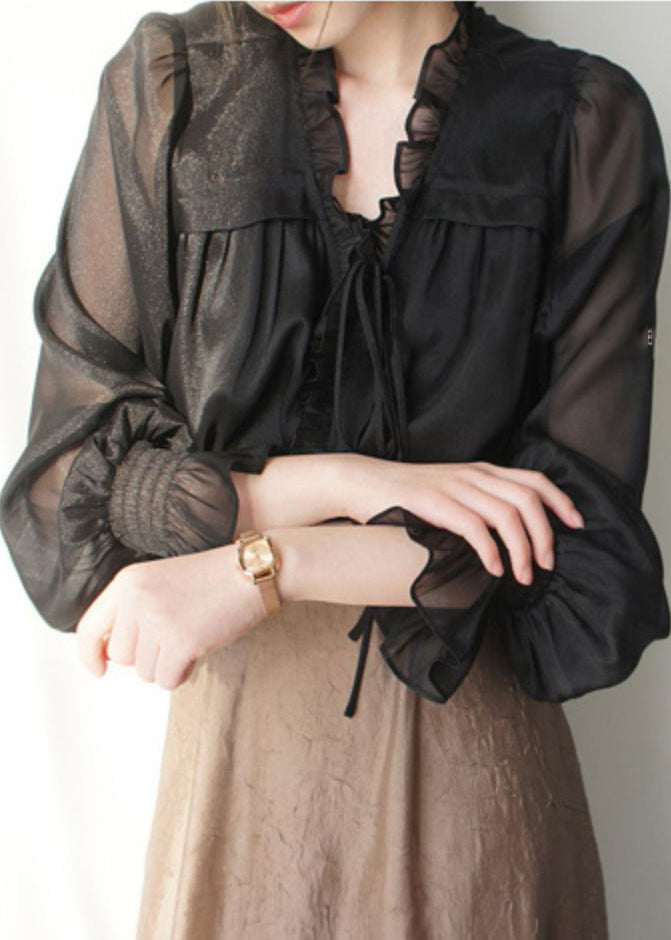 French Black V Neck Ruffled Silk Shirts Spring