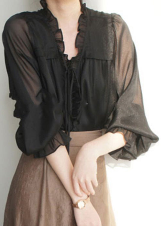 French Black V Neck Ruffled Silk Shirts Spring